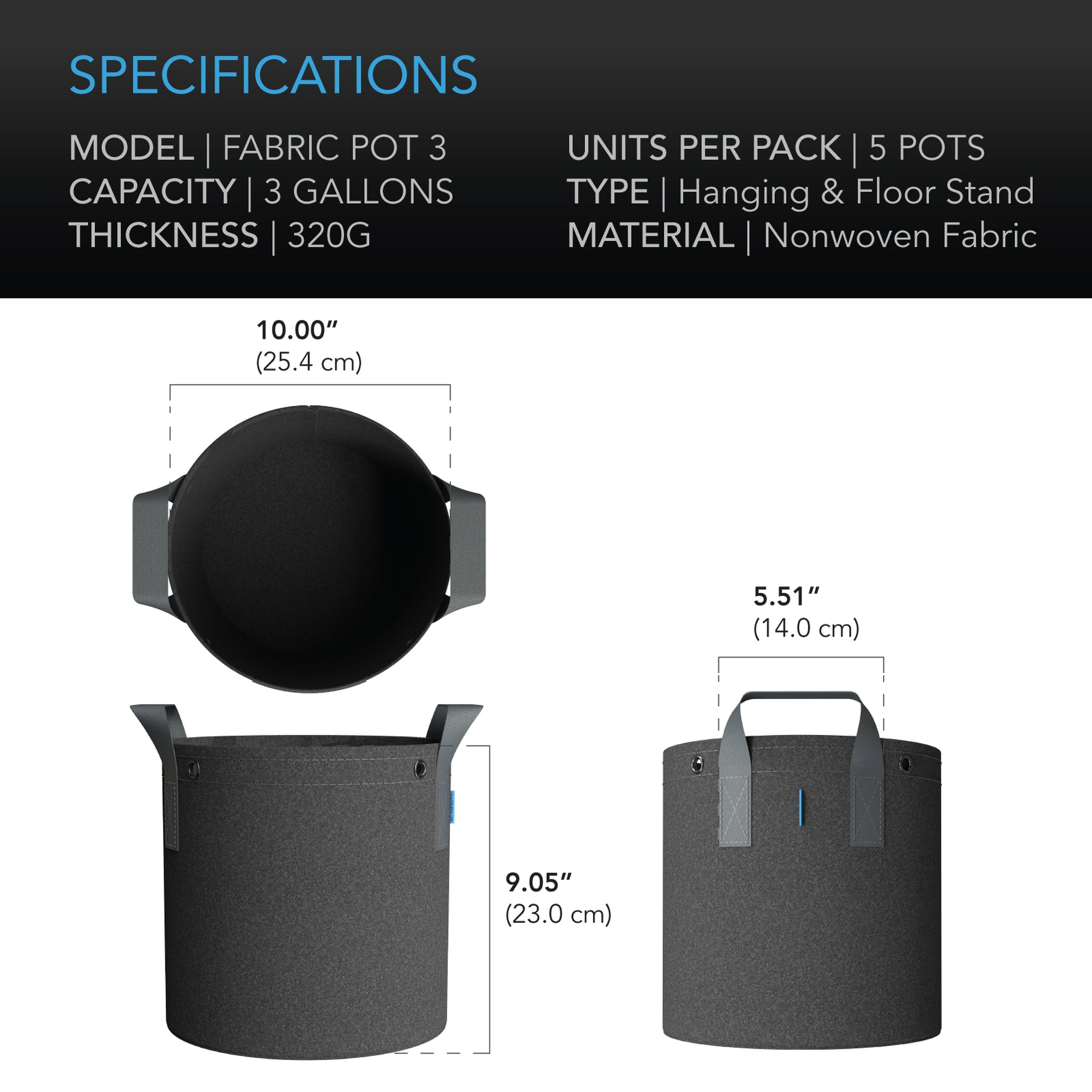 AC Infinity Heavy Duty Fabric Pots, 3 Gallon, 5 Pack