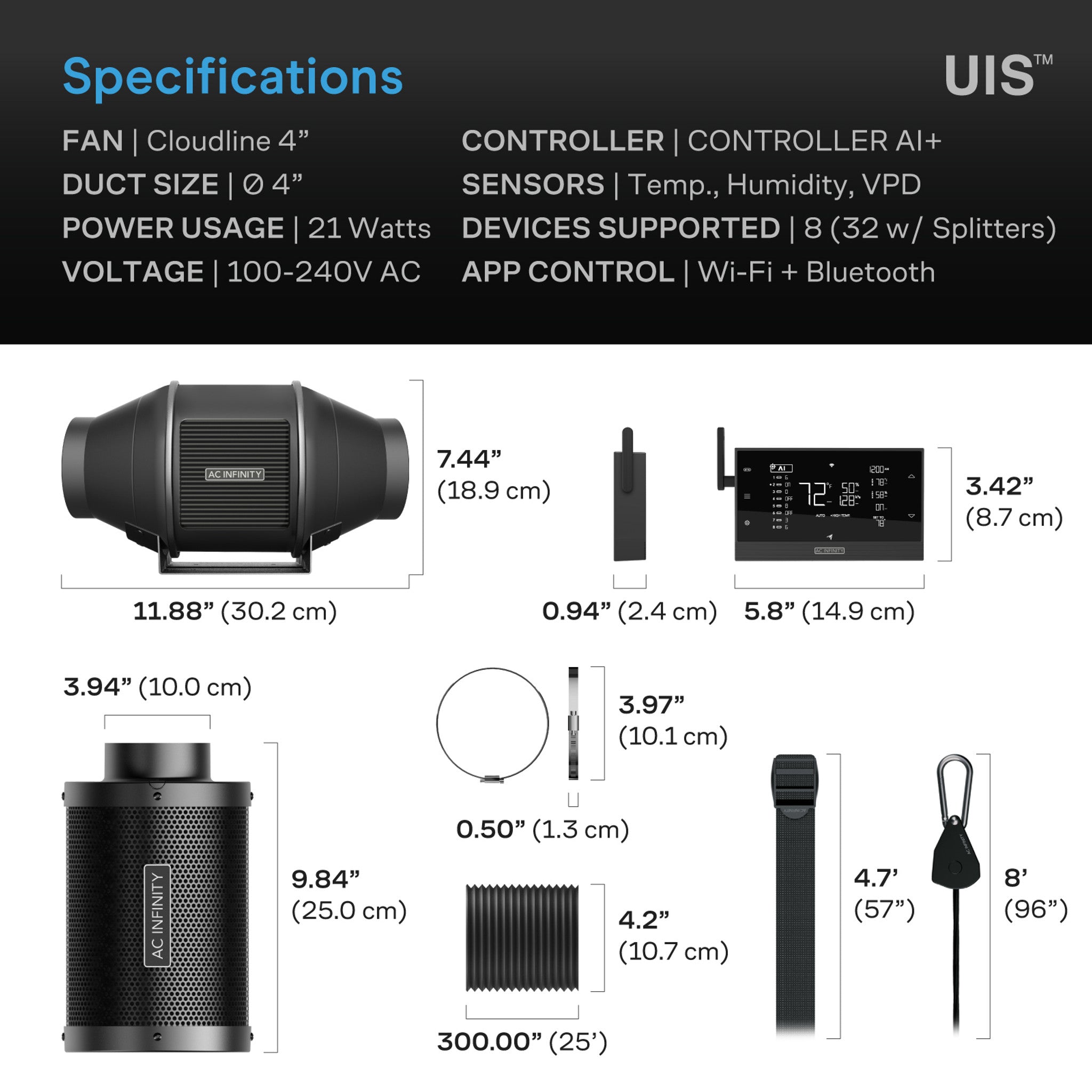 Air Filtration Kit 4" with AI Environment Controller, Upgraded Inline Fan, Carbon Filter