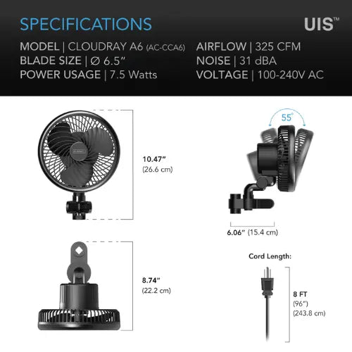 Cloudray A6 Gen 2 Grow Tent Circulator Clip Fan 6” Manual Swivel