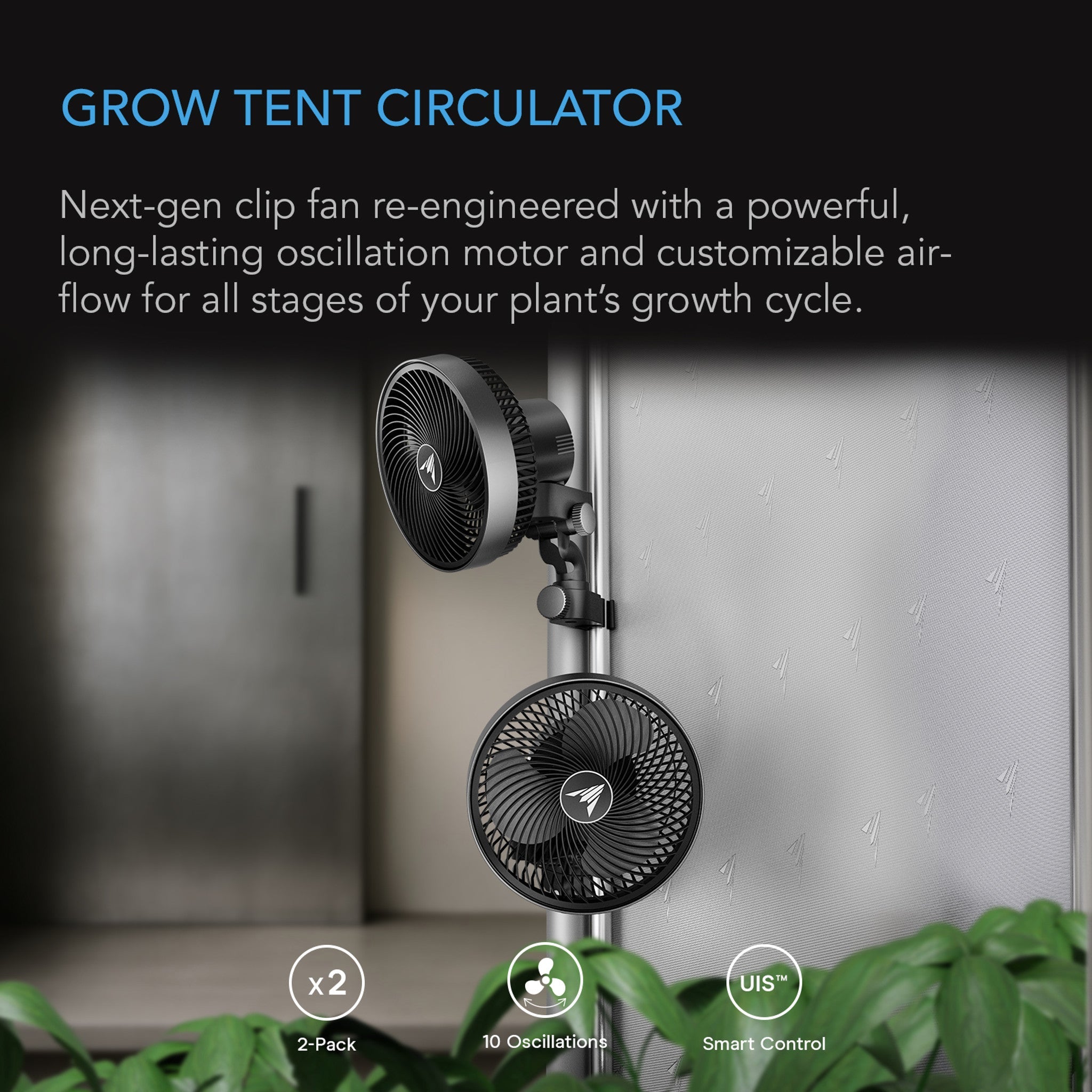 Cloudray S9 2-Pack, Gen 2 Grow Tent Clip Fan 9” With Long-Life Ec Motor, 10-Level Dynamic Wind Modes & Fan Speeds, 10-Level Auto Oscillation