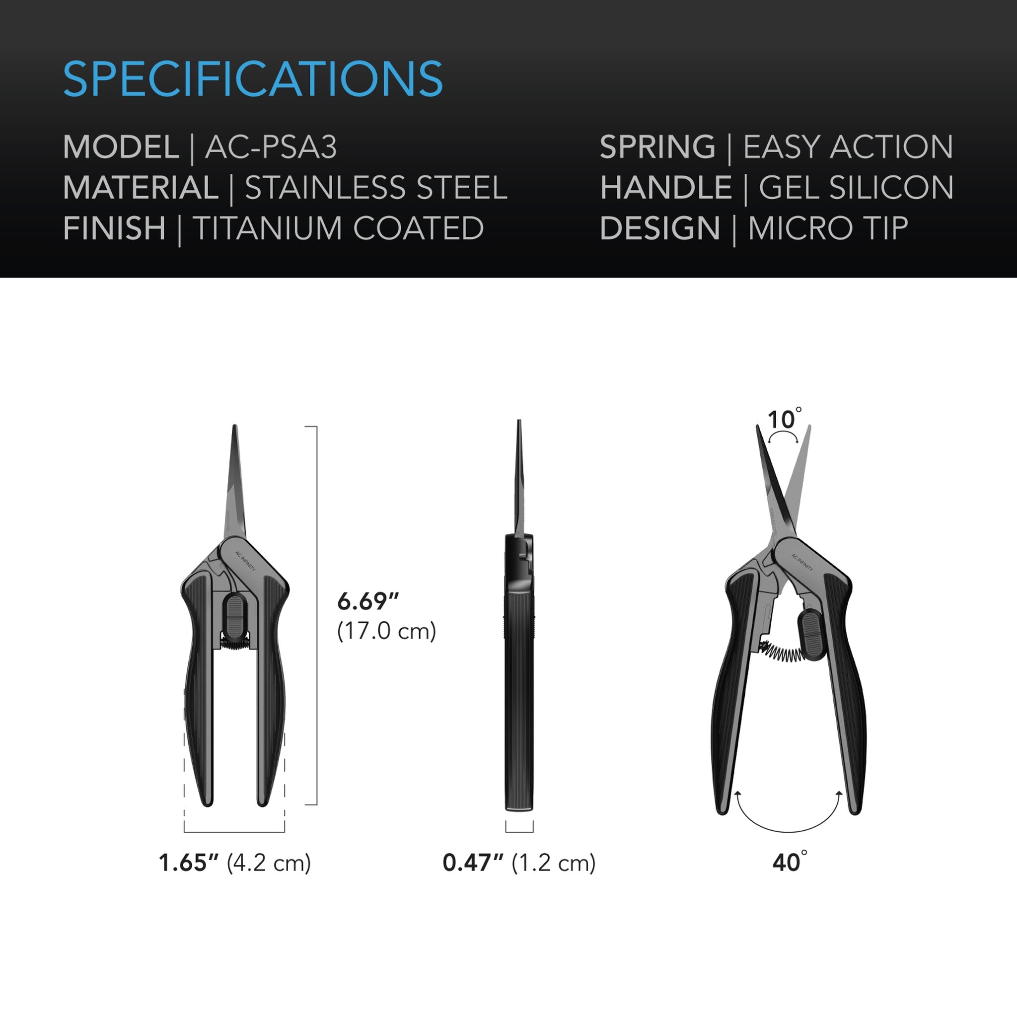 Ac Infinity, Stainless Steel Pruning Shears, 6.6” Straight Blades