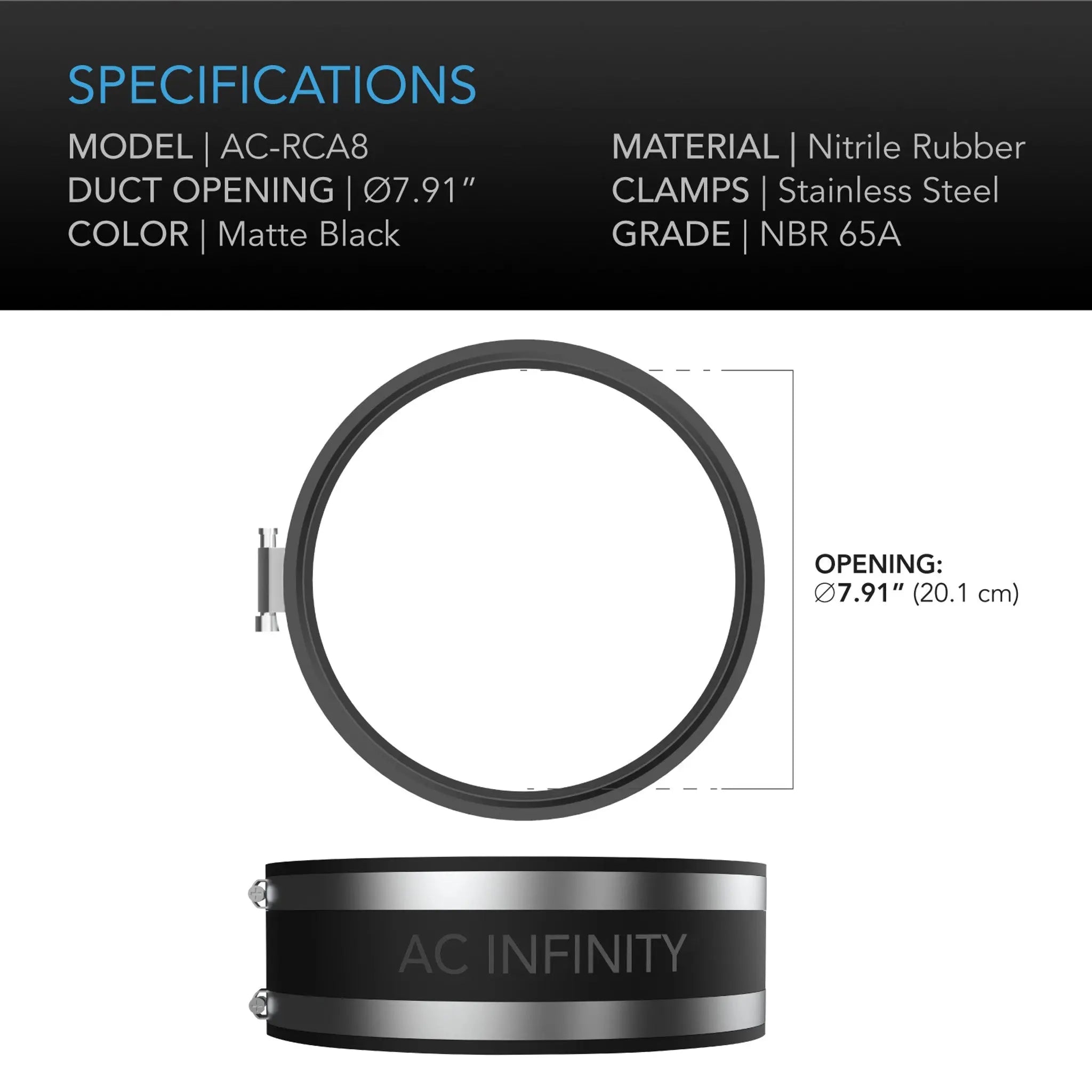 Noise Reduction Clamp, Duct Coupler with Stainless Steel Clamps, 8 Inch
