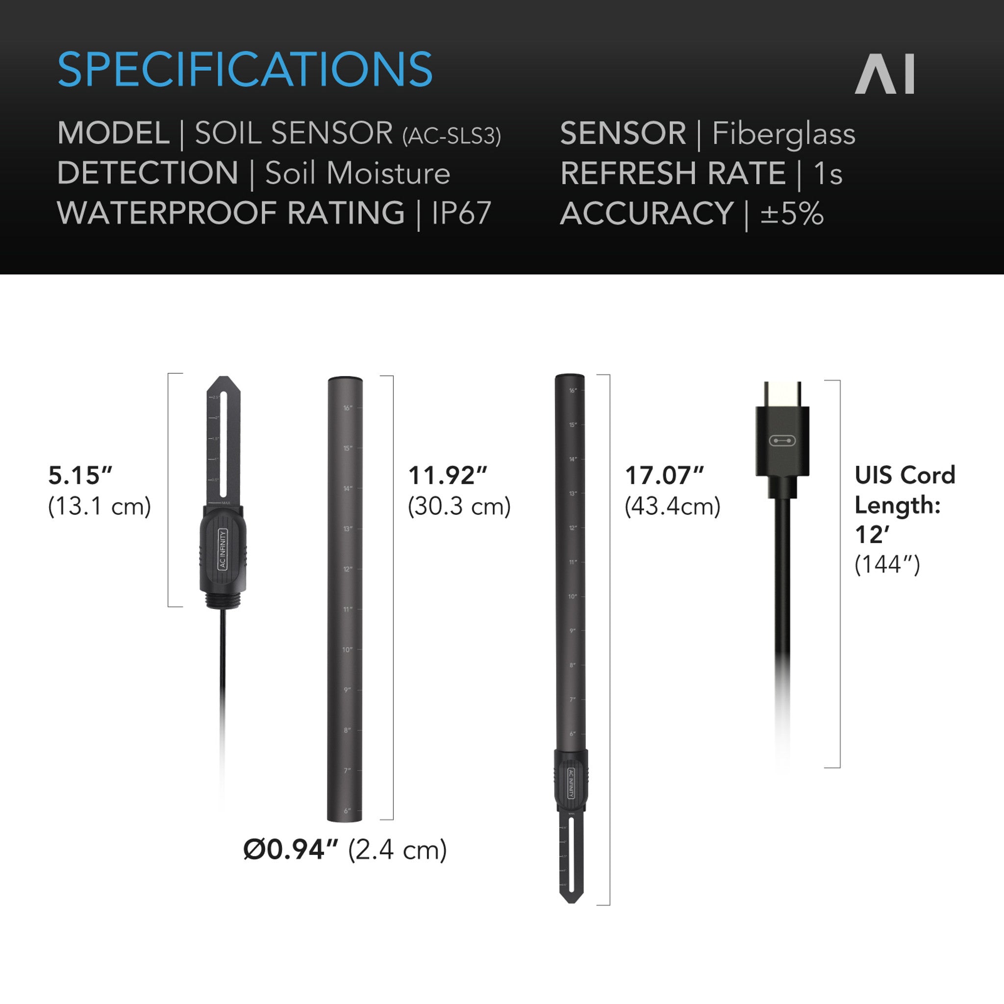 Soil Sensor Probe Exclusively for Controller AI+, Monitors Moisture and Saturation Levels, IP67-Water Resistant