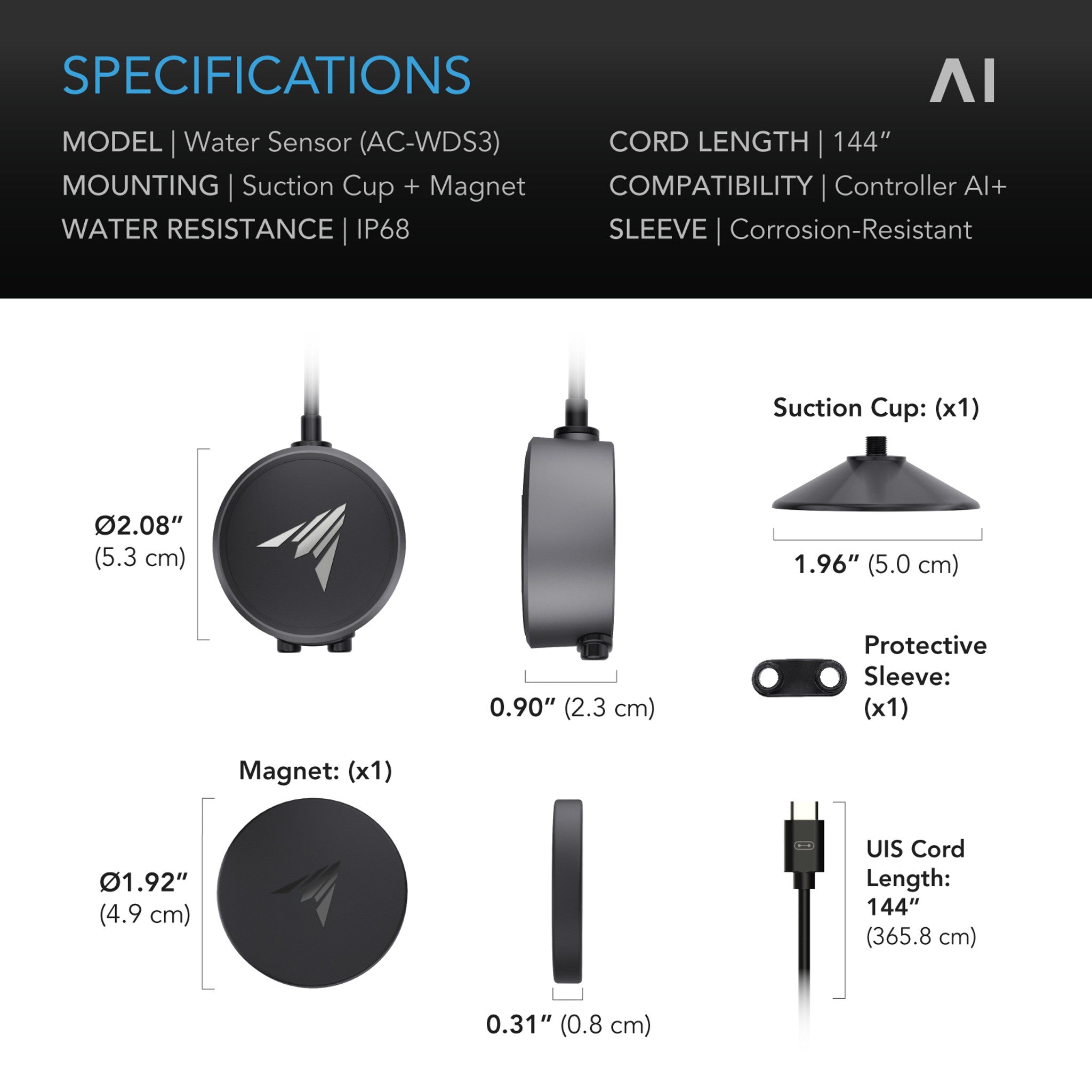 Water Sensor Exclusively for Controller AI+, Liquid Presence Detection, IP68-Water Resistant