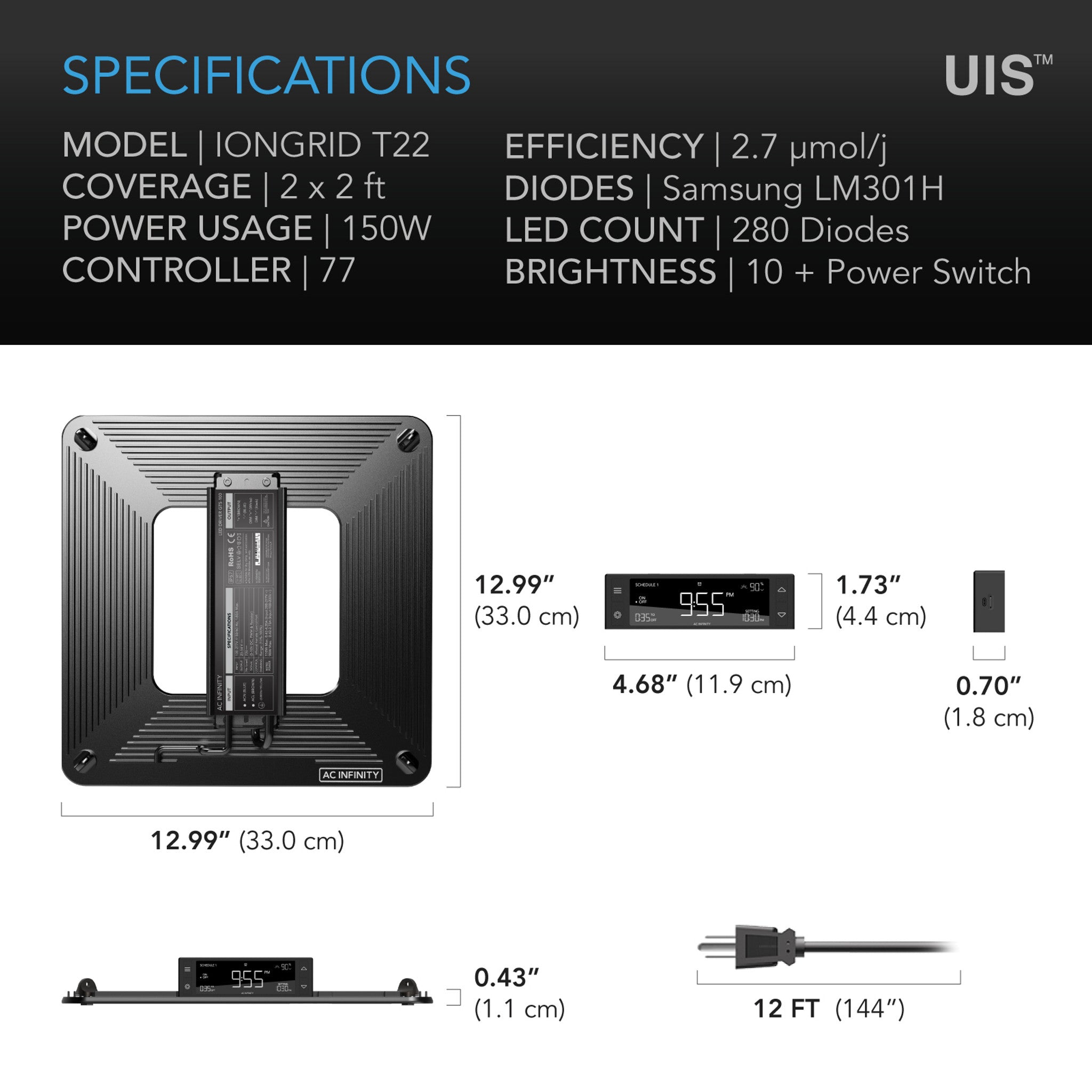 IONGRID T22, Full Spectrum LED Grow Light 150W, Samsung LM301H, 2x2 Ft. Coverage