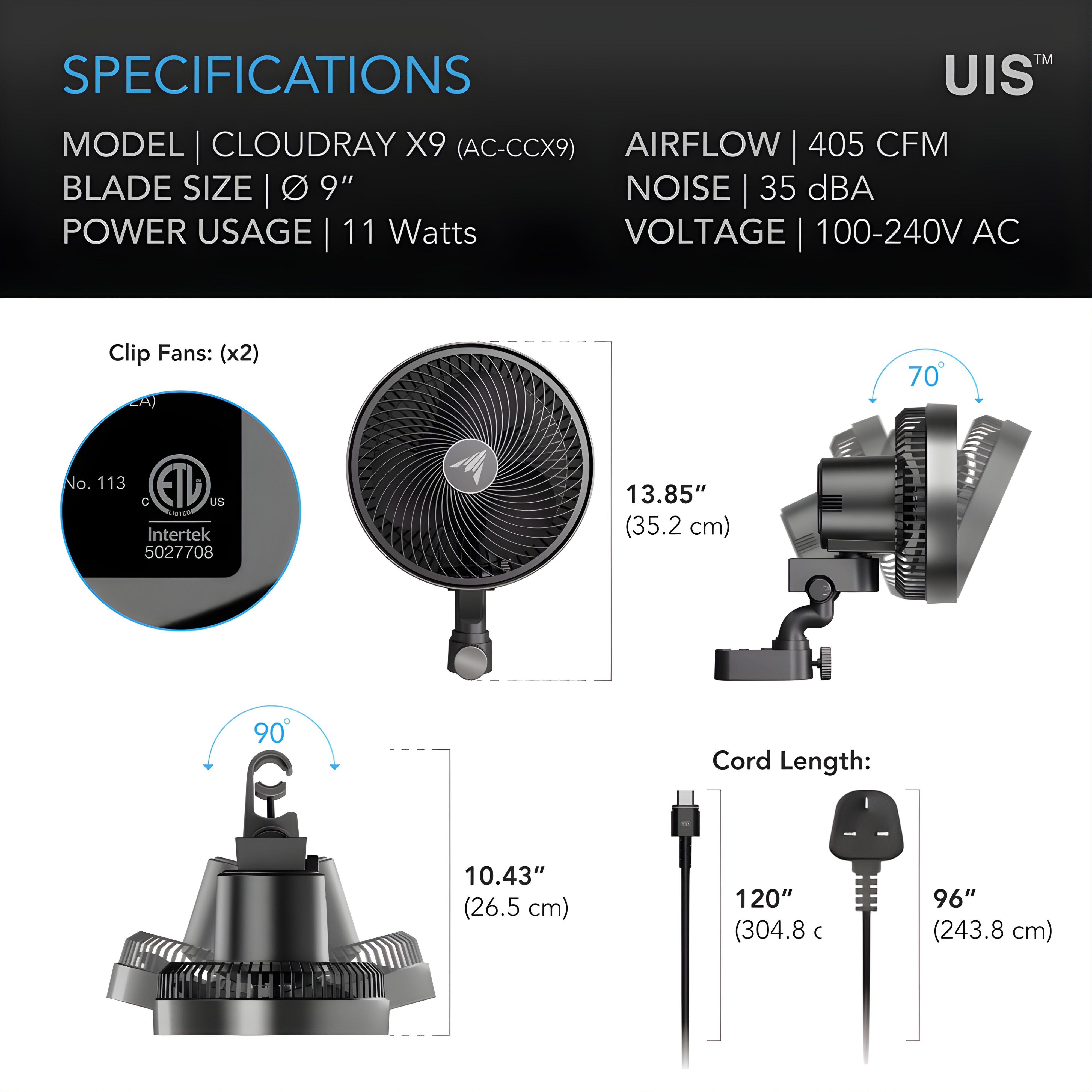 Cloudray S9 2-Pack, Gen 2 Grow Tent Clip Fan 9” With Long-Life Ec Motor, 10-Level Dynamic Wind Modes & Fan Speeds, 10-Level Auto Oscillation