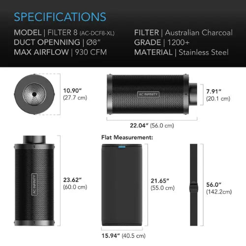 AC Infinity Duct Carbon Filter XL, Australian Charcoal, Extra Large, 8 Inch