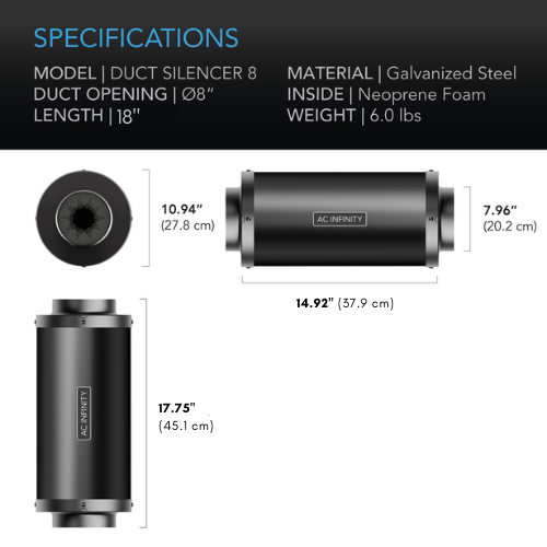 Ac Infinity, Inline Duct Fan Silencer, 8-Inch