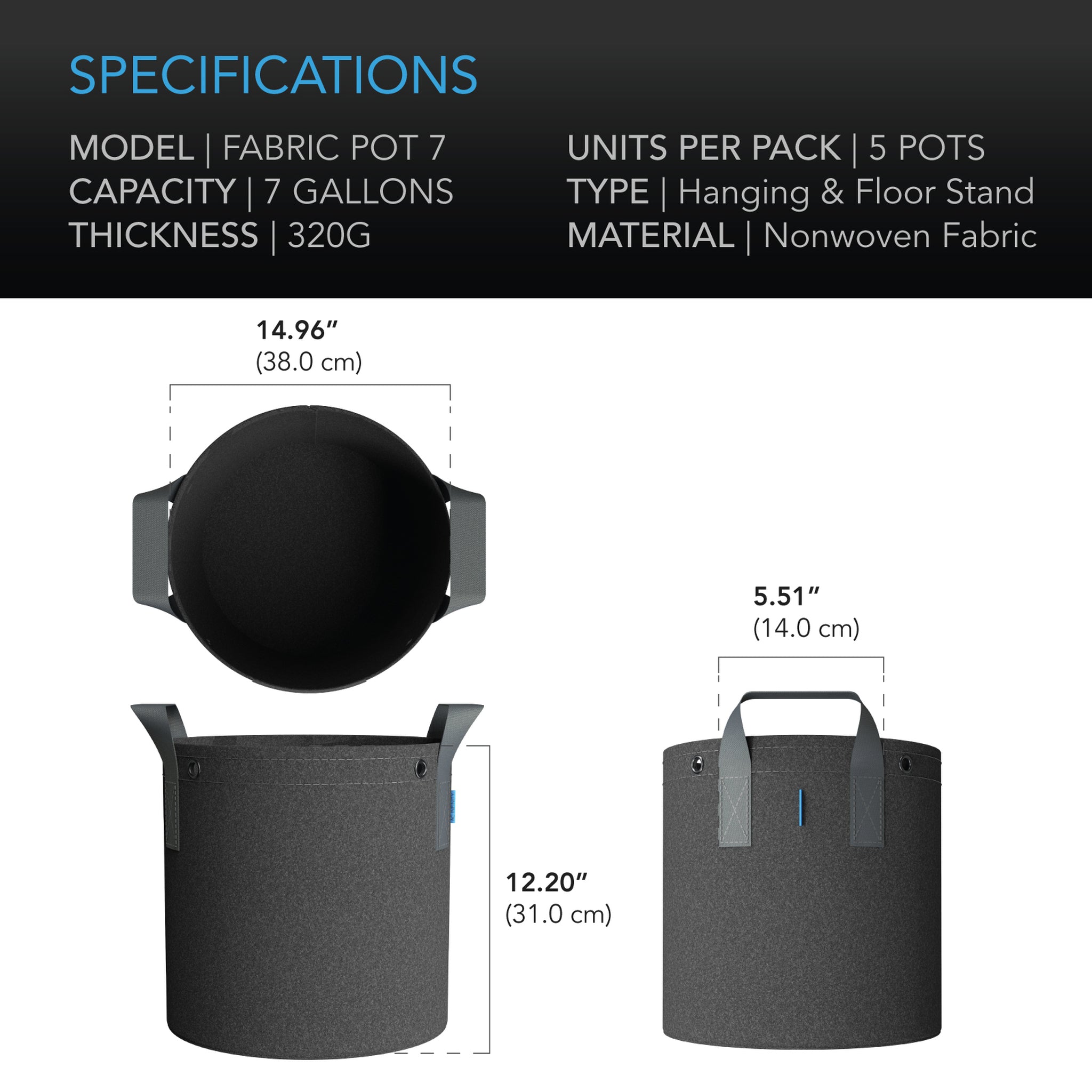 AC Infinity Heavy Duty Fabric Pots, 7 Gallon, 5 Pack