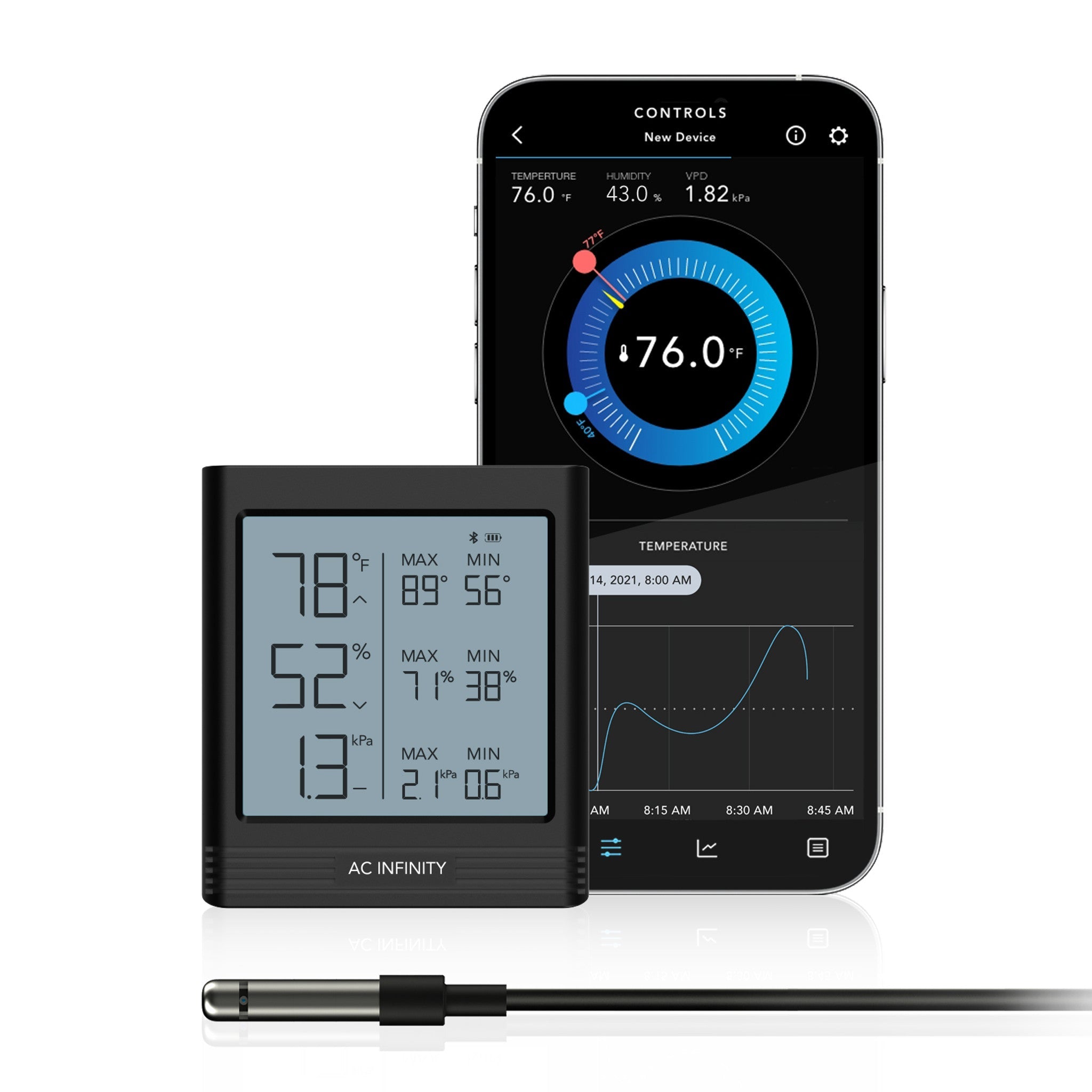 Cloudcom B1, Smart Thermo-Hygrometer With Data App, 12 Ft. Sensor Probe