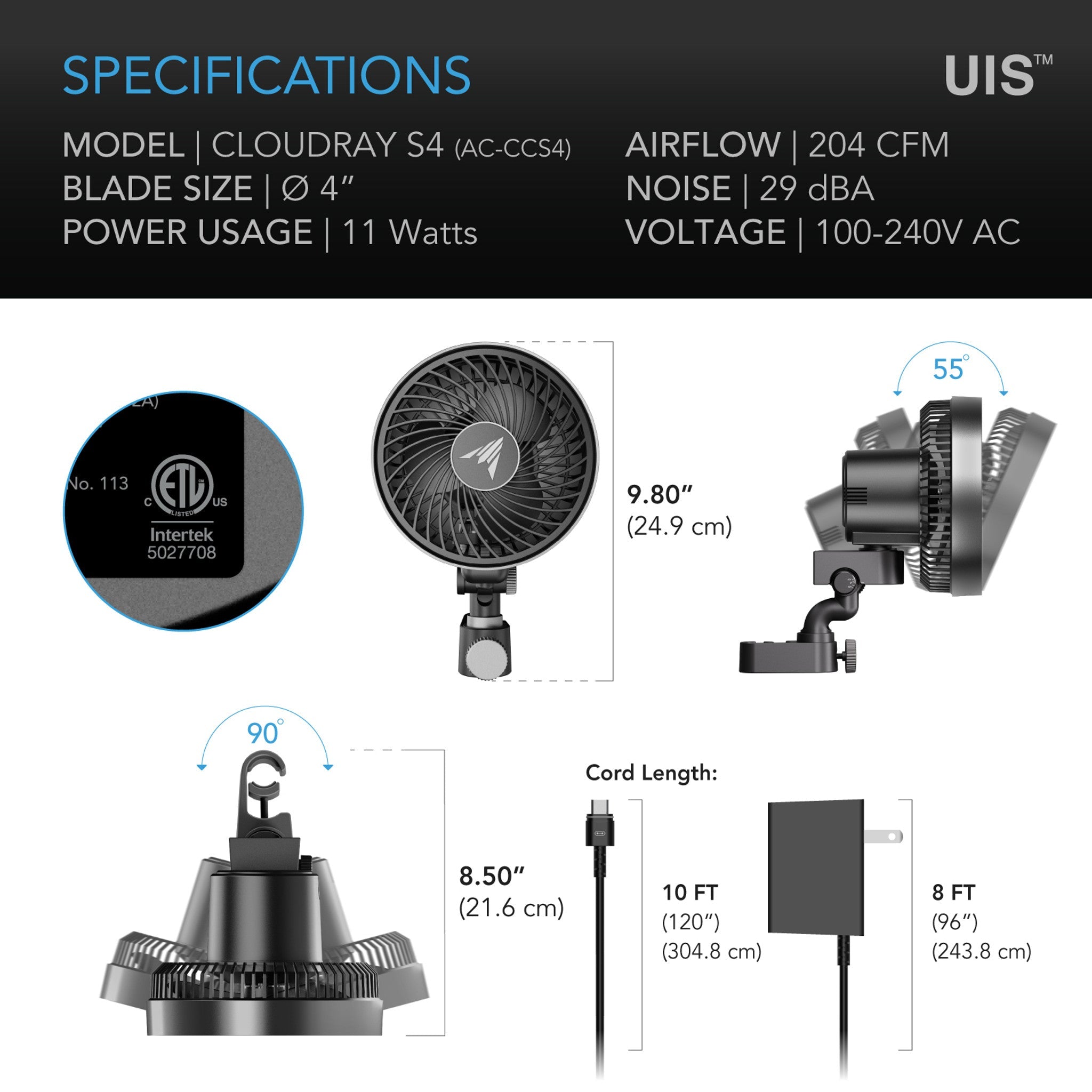 CLOUDRAY S4, Ultra-Compact Grow Tent Clip Fan 4” with Long-Life EC Motor, 10-Level Dynamic Fan Speeds, 10-Level Auto Oscillation, Specialized High-Velocity Circulation