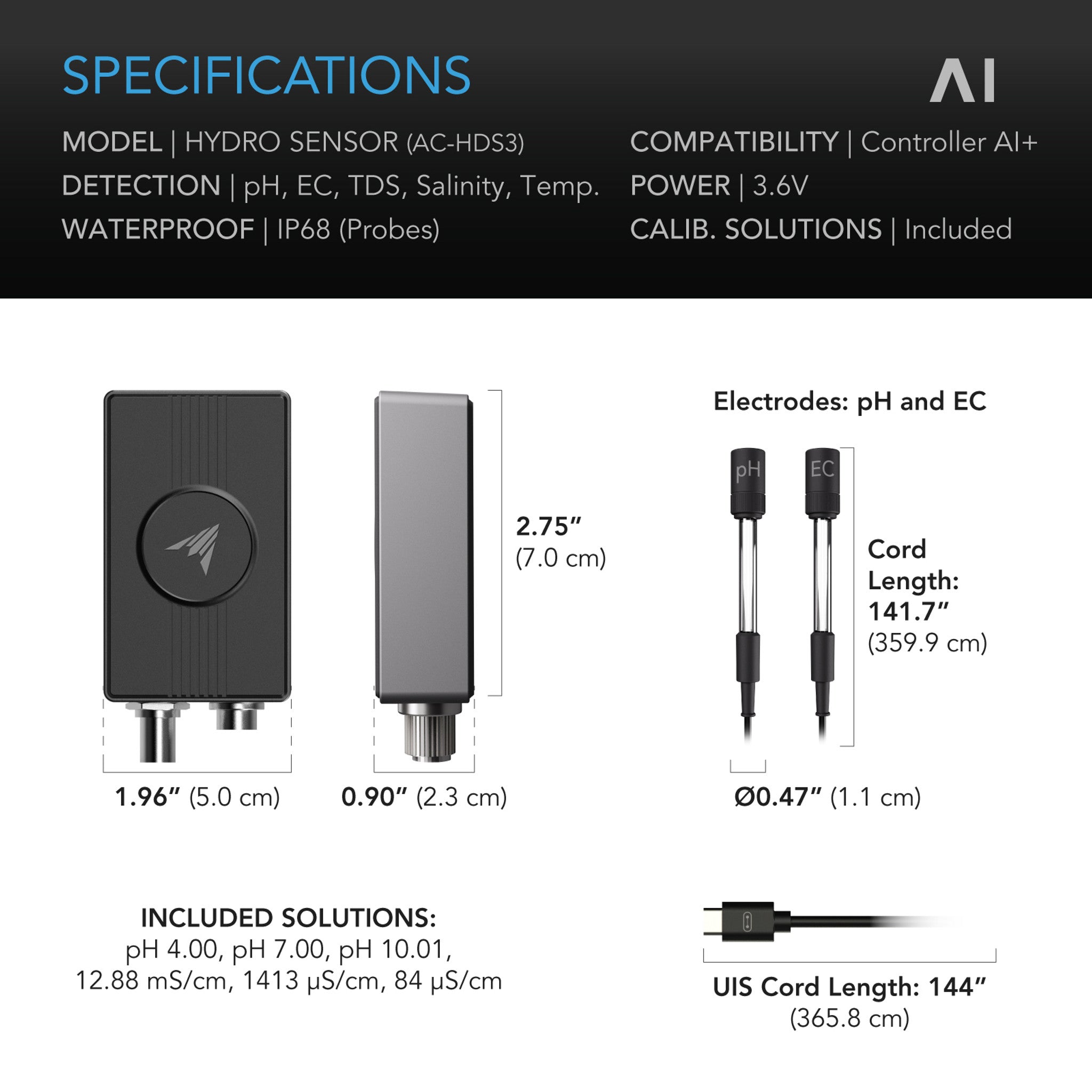 Hydro Sensor for Controller AI+, Precise pH, EC, TDS and Water Temp Data Tracking, Enables Equipment Control Programming