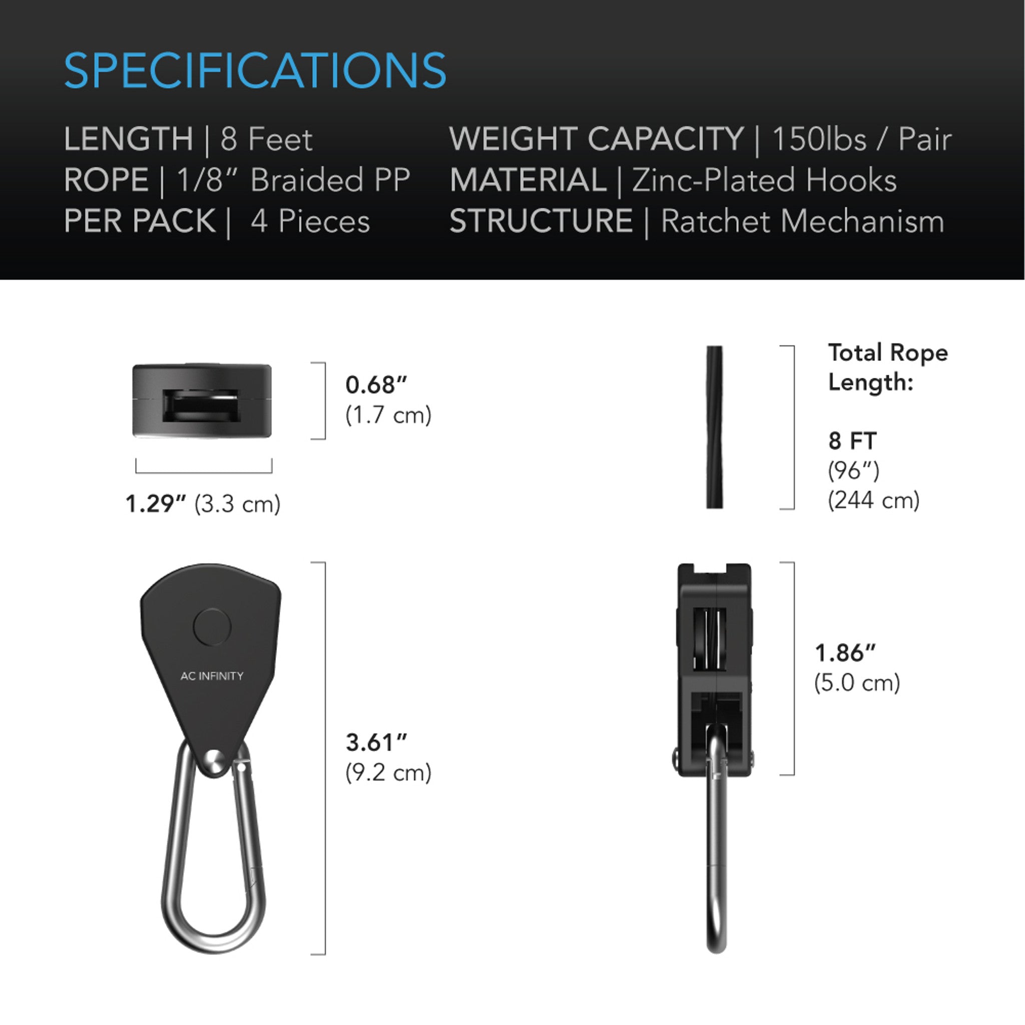 Heavy-Duty Adjustable Rope Clip Hanger, Two Pairs