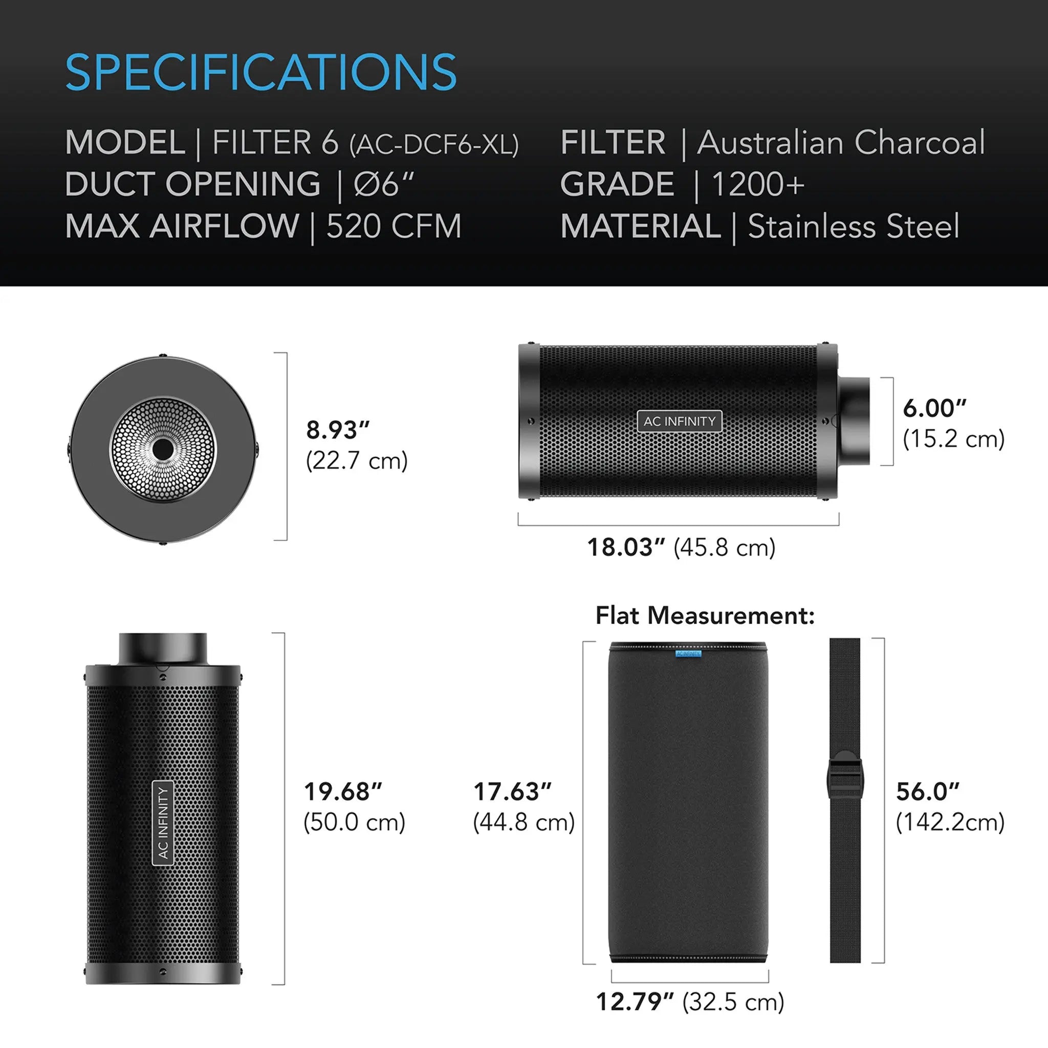 AC Infinity Duct Carbon Filter XL, Australian Charcoal, Extra Large, 6 Inch