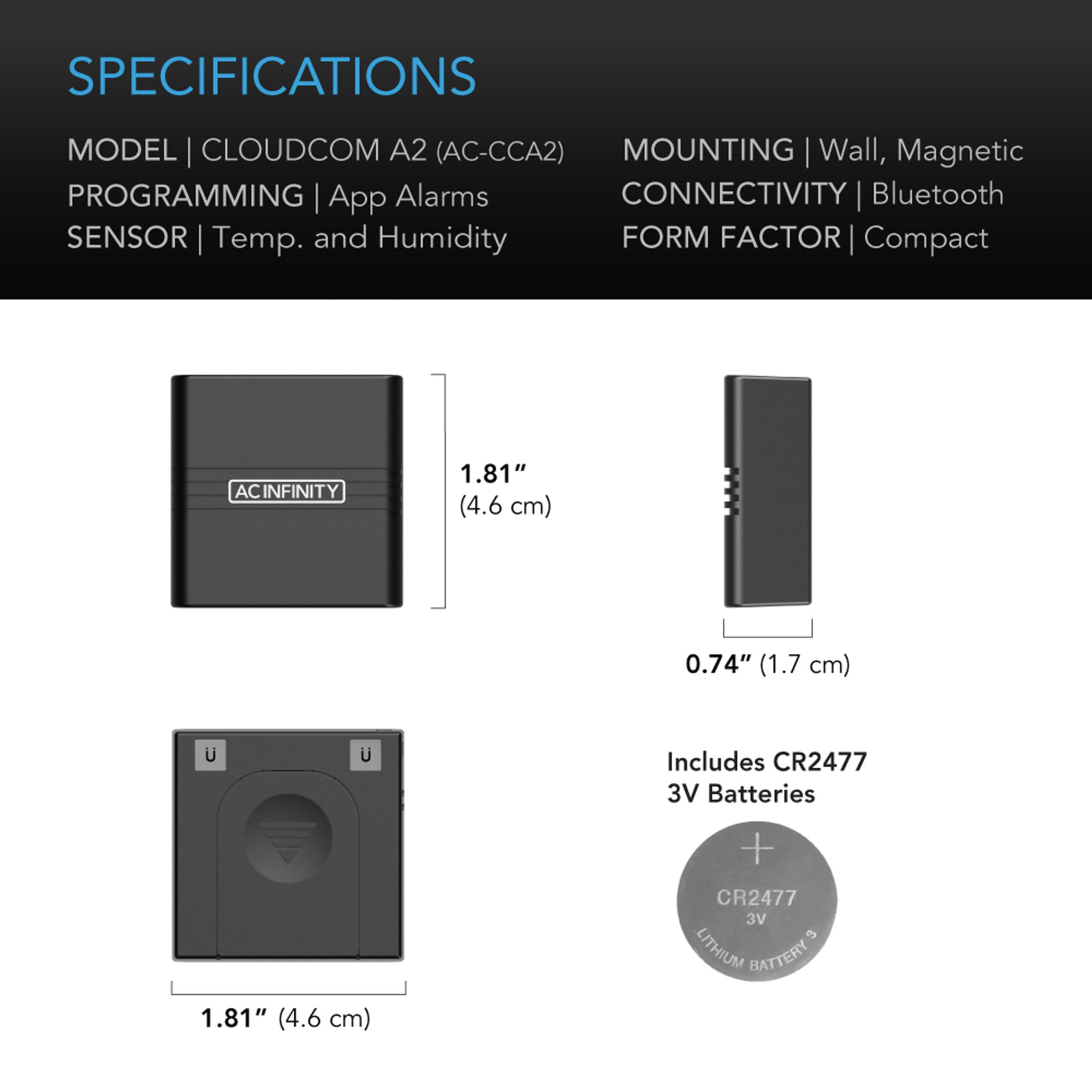 Cloudcom A2, Mini Smart Thermo-Hygrometer With Data App, Integrated Sensor Probe