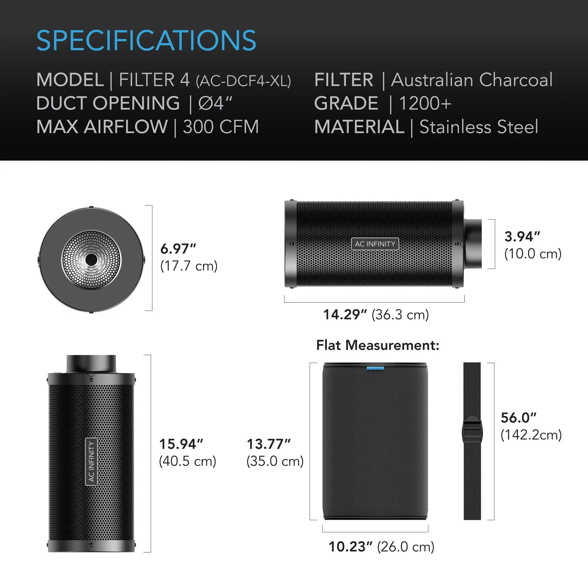 AC Infinity Duct Carbon Filter XL, Australian Charcoal, Extra Large, 4 Inch