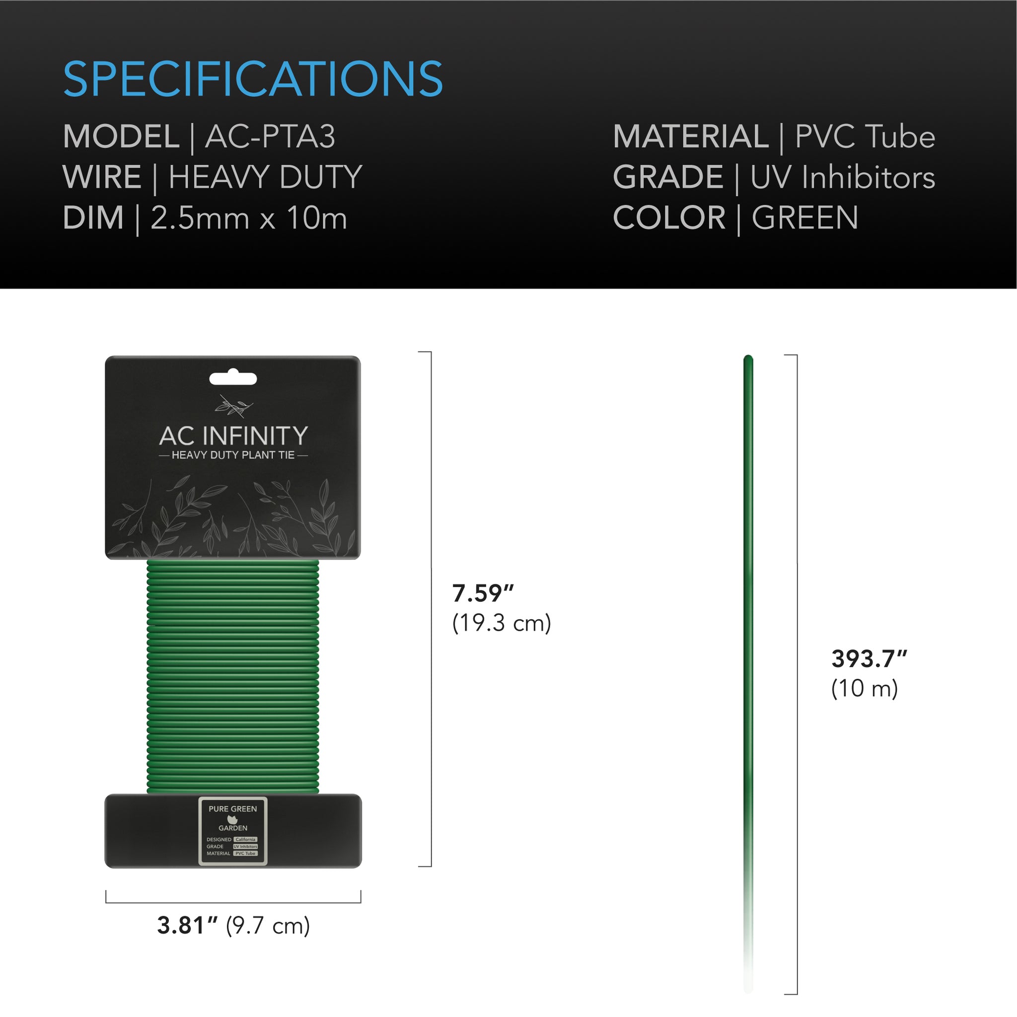 AC Infinity Heavy Duty Twist Ties, Thin Rubberized Texture, 10M