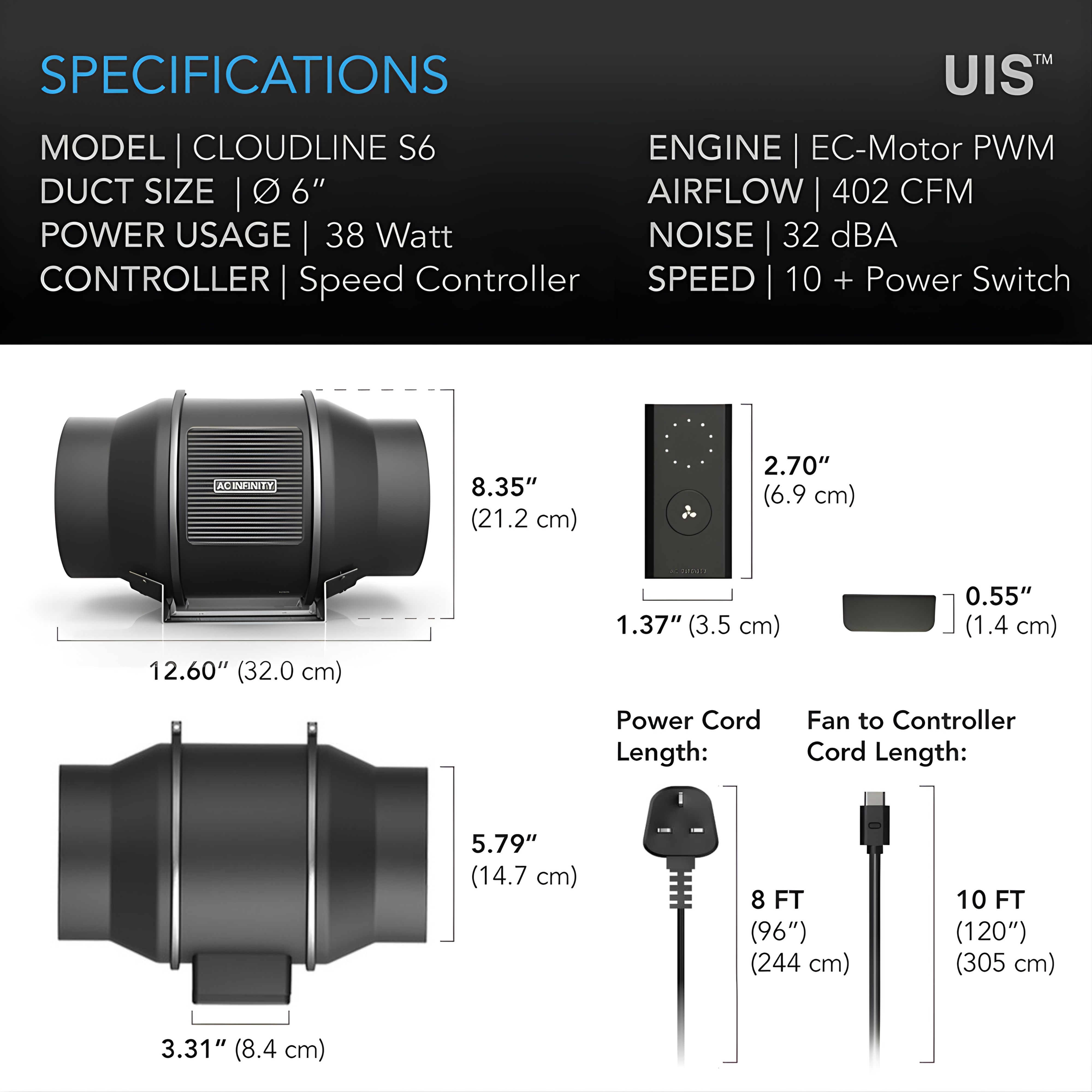 Cloudline Pro S6, Quiet Inline Duct Fan System With Speed Controller, 6-Inch