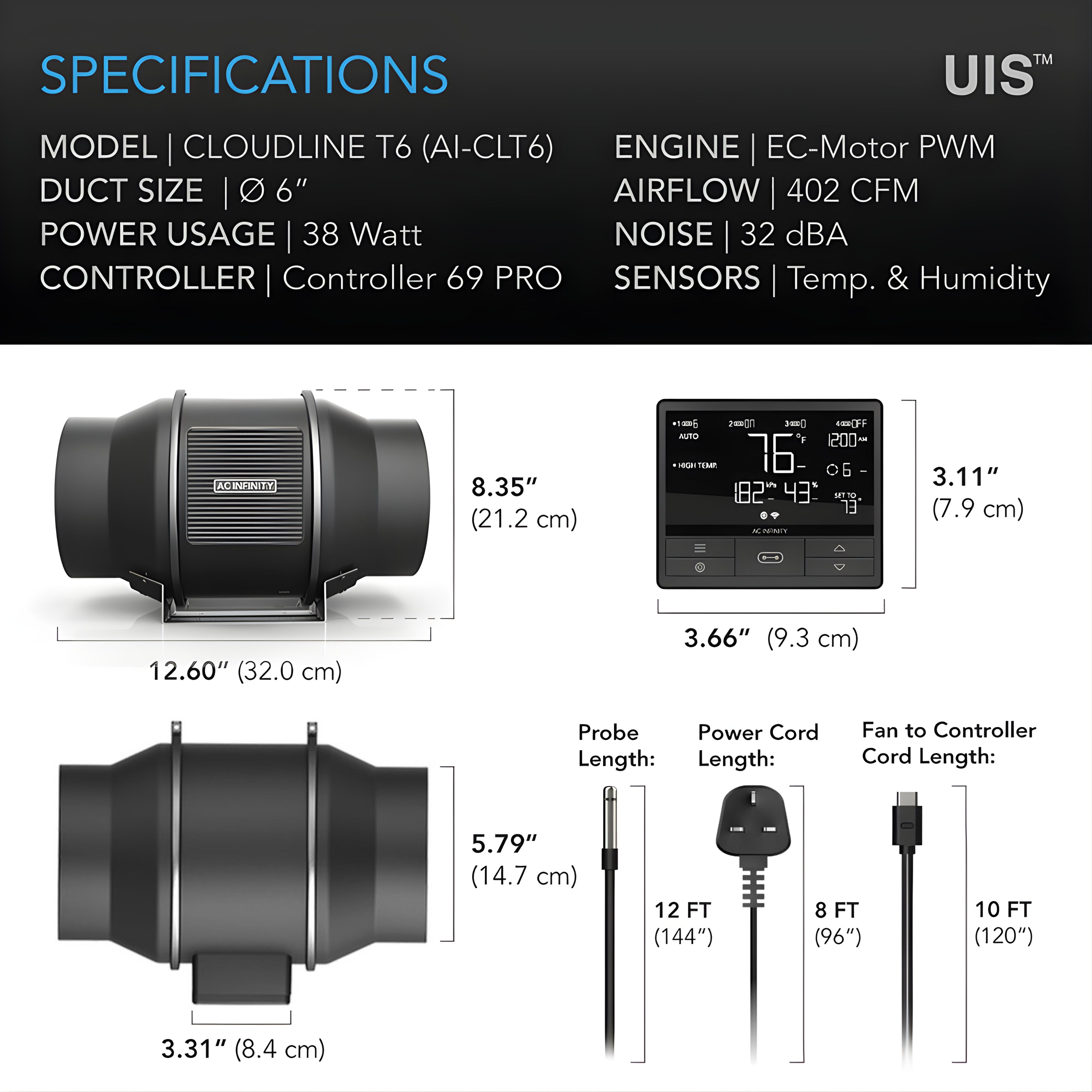 Cloudline Pro T6, Quiet Inline Duct Fan System With Temperature Humidity Vpd Controller, 6-Inch