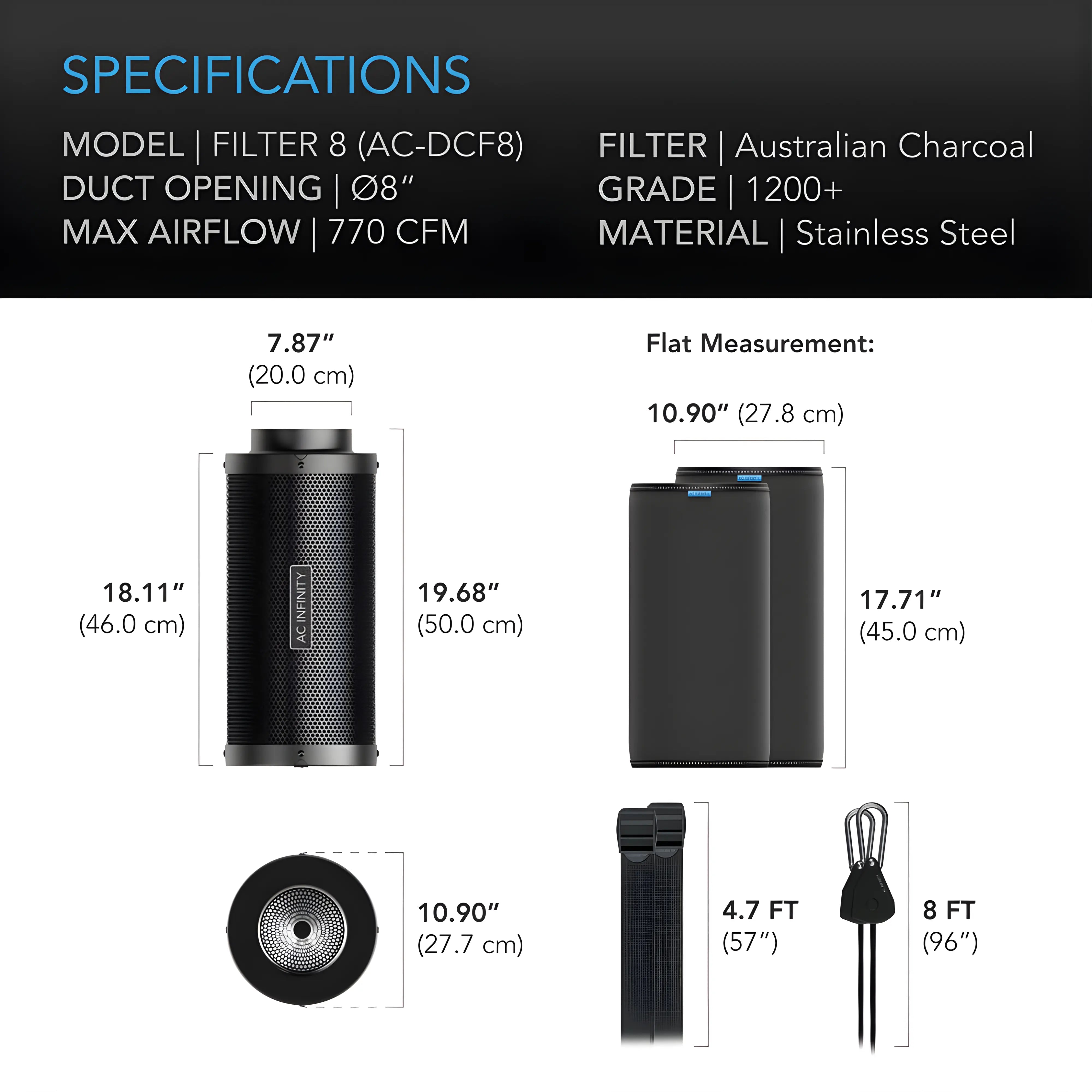 AC Infinity Duct Carbon Filter, Australian Charcoal, 8 Inch