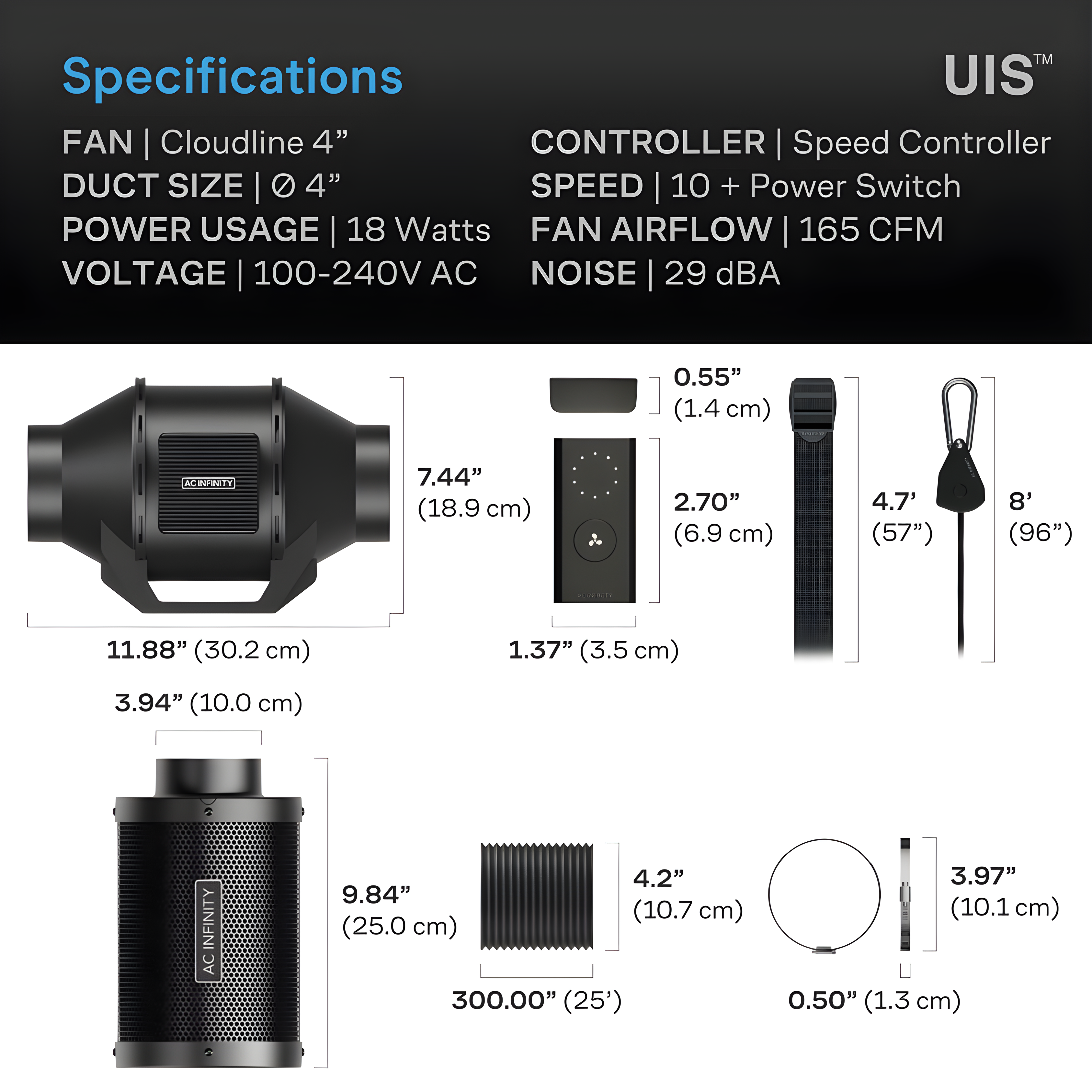 Air Filtration Kit 4”, Inline Fan With Speed Controller, Carbon Filter & Ducting Combo